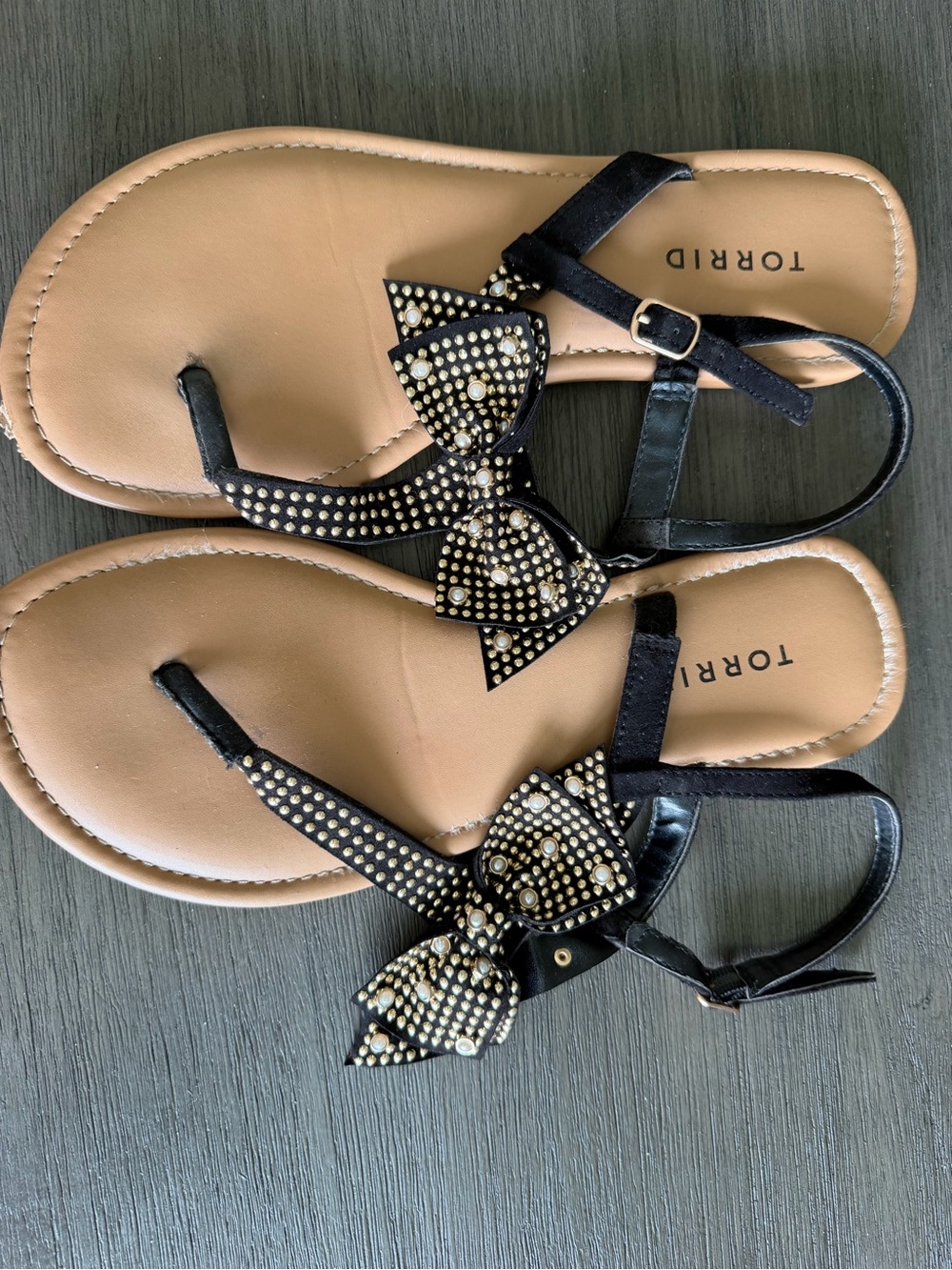 torrid Black Studded Bow Thong Sandals with Tan Footbed